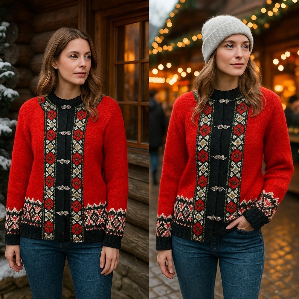 Fjord Fashion Norwegian Wool Cardigan Red Nordic Floral Clasp Sweater Size 40